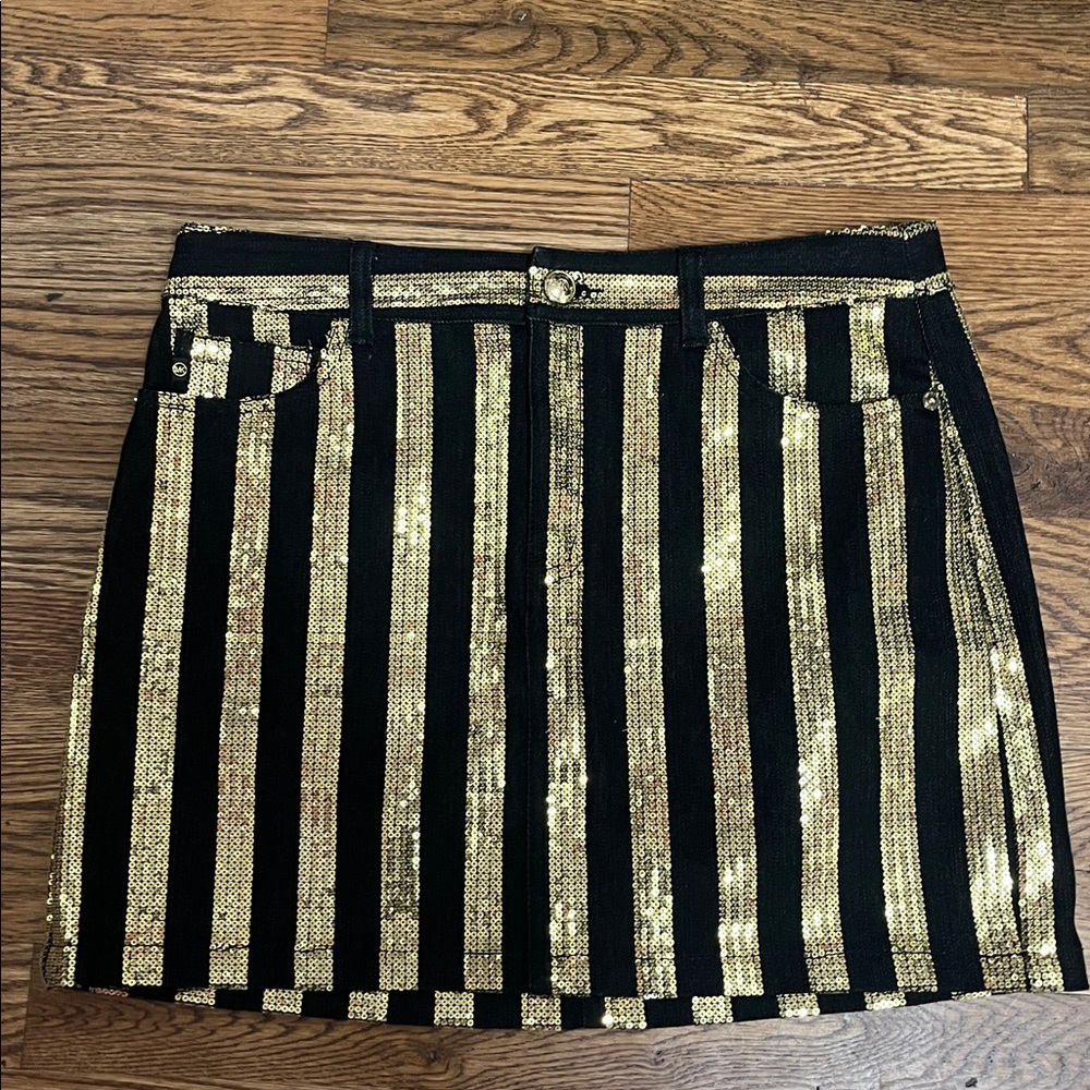 Michael Kors Black Gold Sequin Stripe Denim Mini Skirt Size 4 - Picture 1 of 4